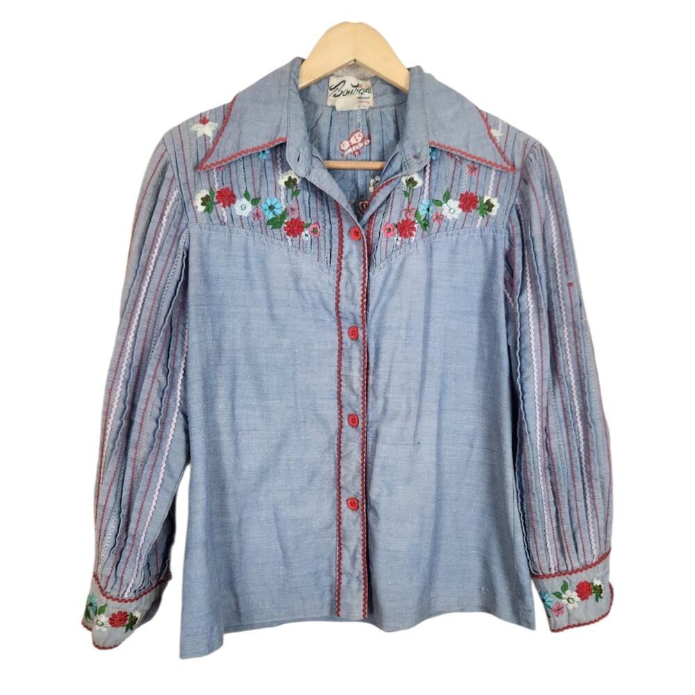Vtg 70s Embroidered Western Top LARGE Dagger Collar Floral Shirt Boho Cottage